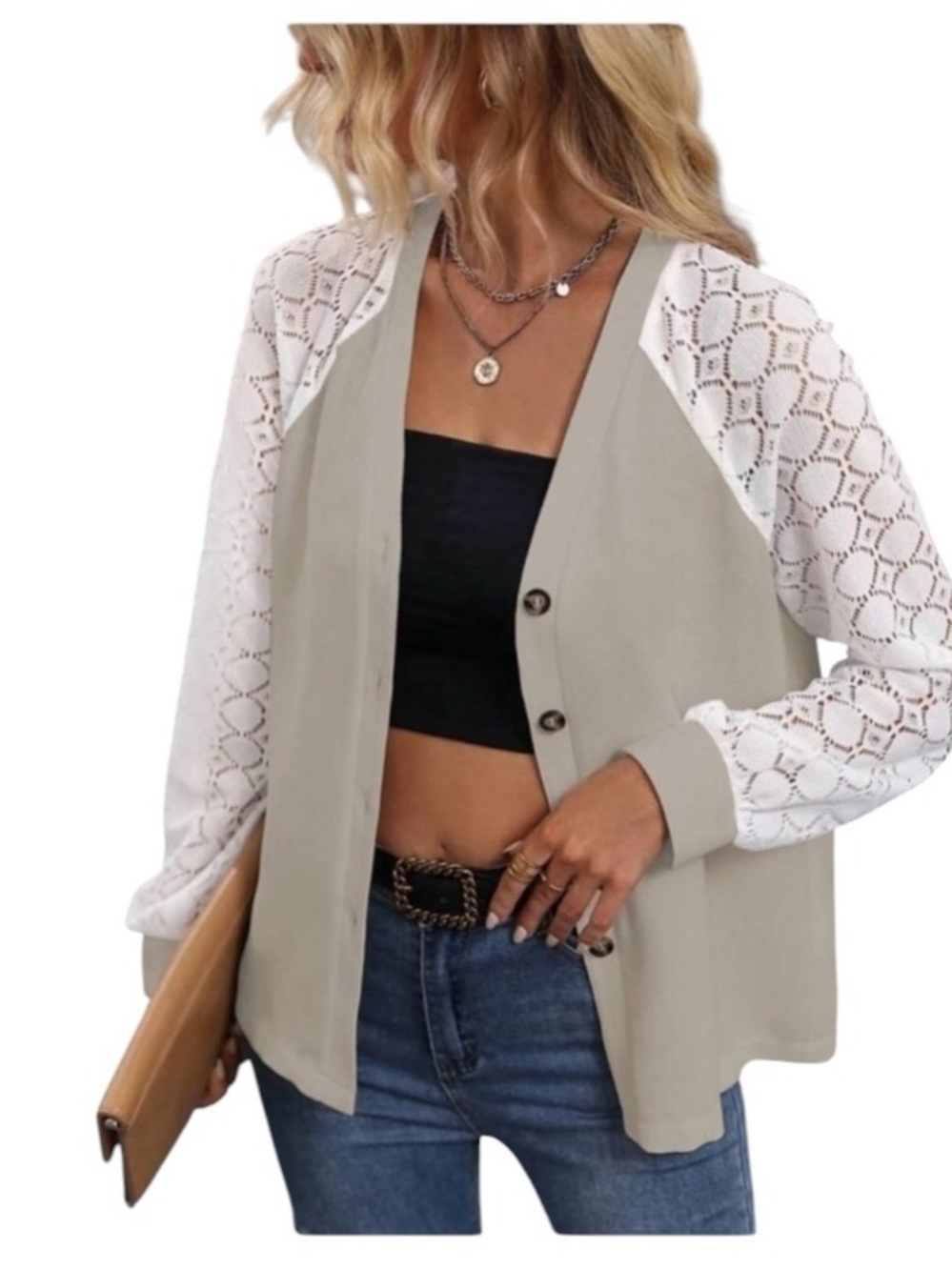 SHEIN LUNE Contrast Pointelle Raglan Sleeve Button Front Blouse size XL …